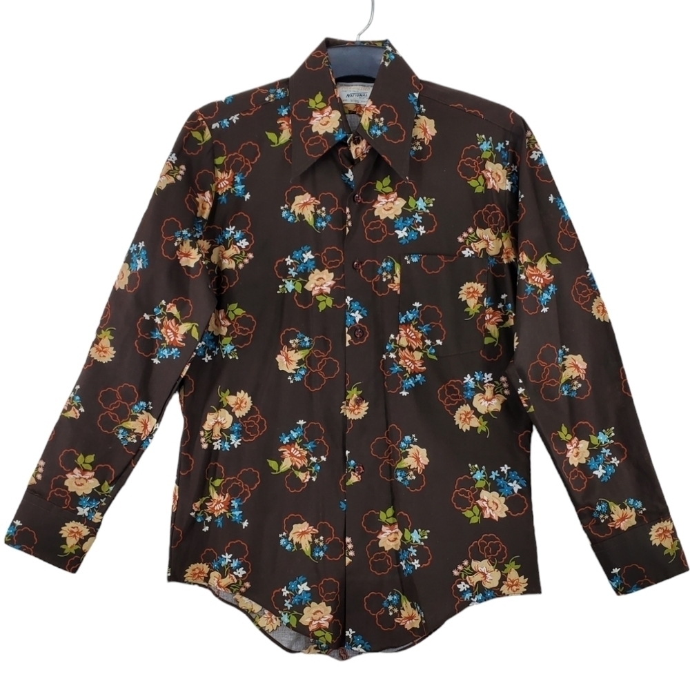 Vtg National Shirt Shops Mens M Brown Tan Orange Floral Button Up Long Sleeves